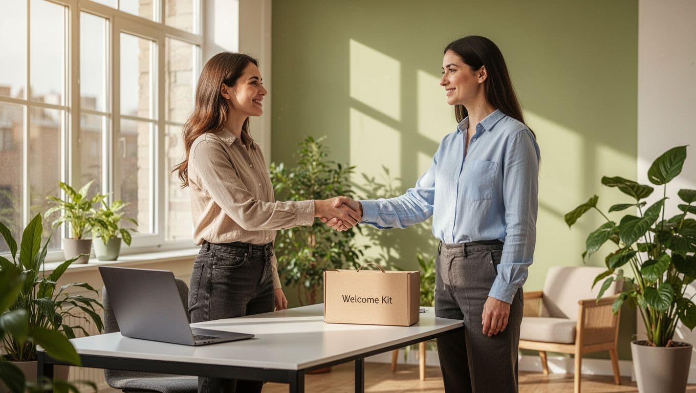 A new hire shakes hands relaxedly with their mentor in a bright, welcoming office space featuring a laptop, welcome kit on the desk, plants, colorful walls, and warm natural light.