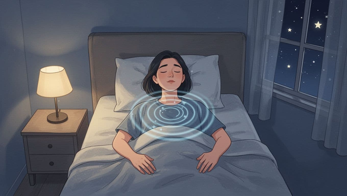 Minimalist illustration of an adult lying relaxed in bed at night, eyes closed with subtle chest breathing movements and ethereal waves symbolizing calm, in soft night blue, cream, and gray tones with dim lamp light and starry curtains.
