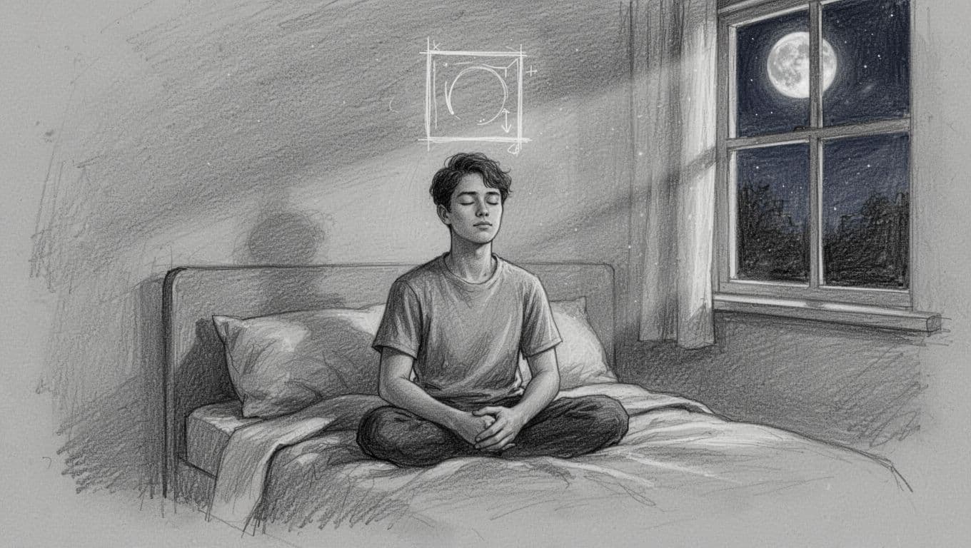 Young adult sitting up in bed at night with eyes closed practicing box breathing, calm posture with hands on lap and subtle square outline above head, hand-drawn graphite linework sketch on light gray paper.