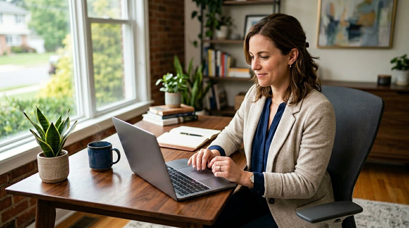 A professional realtor woman in her 30s from NJ works at a modern home office desk, creating content for her personal brand on an open laptop with a relaxed, focused expression. Cozy setting with coffee mug, plant, and warm natural light from the window.