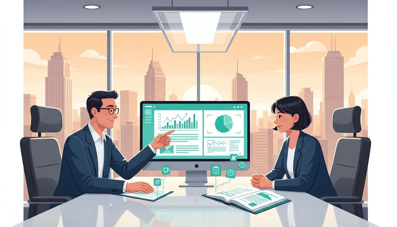 Inspector reviews documents and dashboard with HR manager at meeting table, CDMX skyline background.