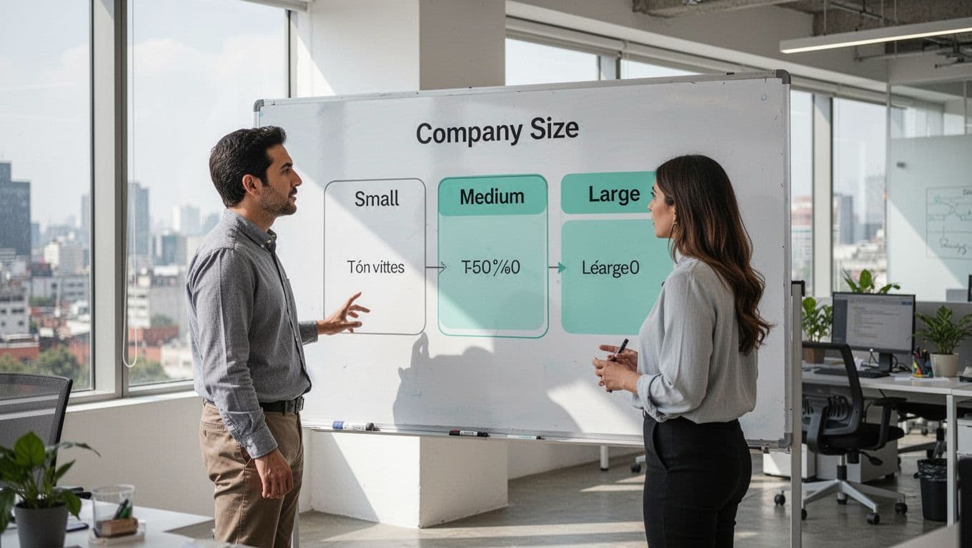 Modern illustration of two office workers in a bright Mexico City office reviewing NOM-035 requirements on a whiteboard, divided into small, medium, and large company sizes with clean graphics and teal accents.