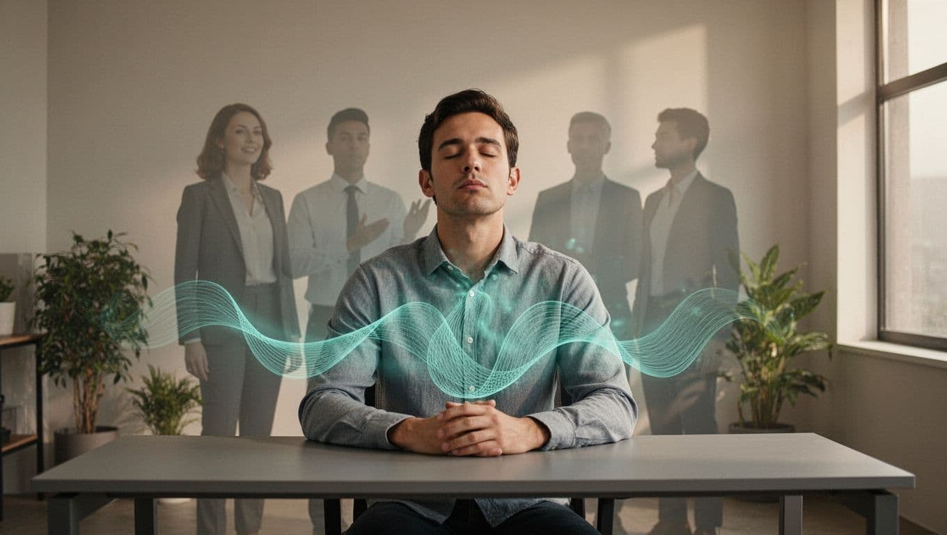 Modern illustration showing a person's transition from anxiety alone in a minimalist office to relaxation through breathing, then joining a supportive team, with clean shapes, calming teal sigh waves, one main figure, team silhouettes in background, soft lighting, no text or logos.