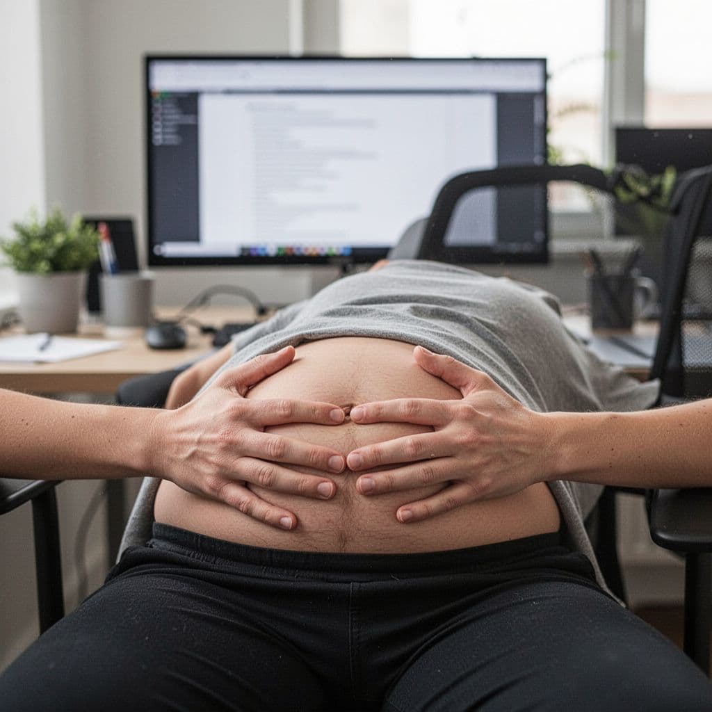 A person sits calmly in an office with palms on their belly performing a breathing exercise, blurred computer in the background, natural light and photography style.