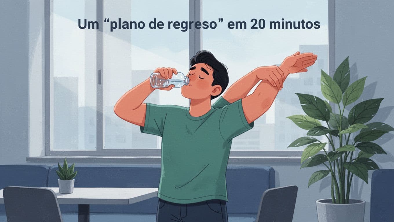 Modern illustration of one person in a quiet office break area drinking water and gently stretching arms, looking relaxed after stress, with natural light from a window and a nearby plant in soft blue and green tones.