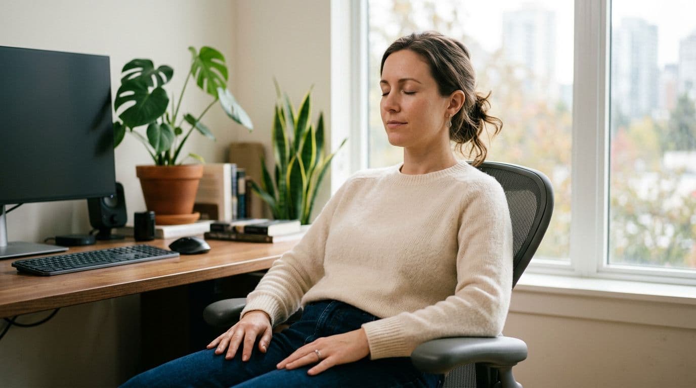 A person sits calmly in an office chair with eyes closed and hands relaxed in their lap during a breathing pause. The blurred background includes a computer and plants, illuminated by soft natural window light in a realistic close-up composition.