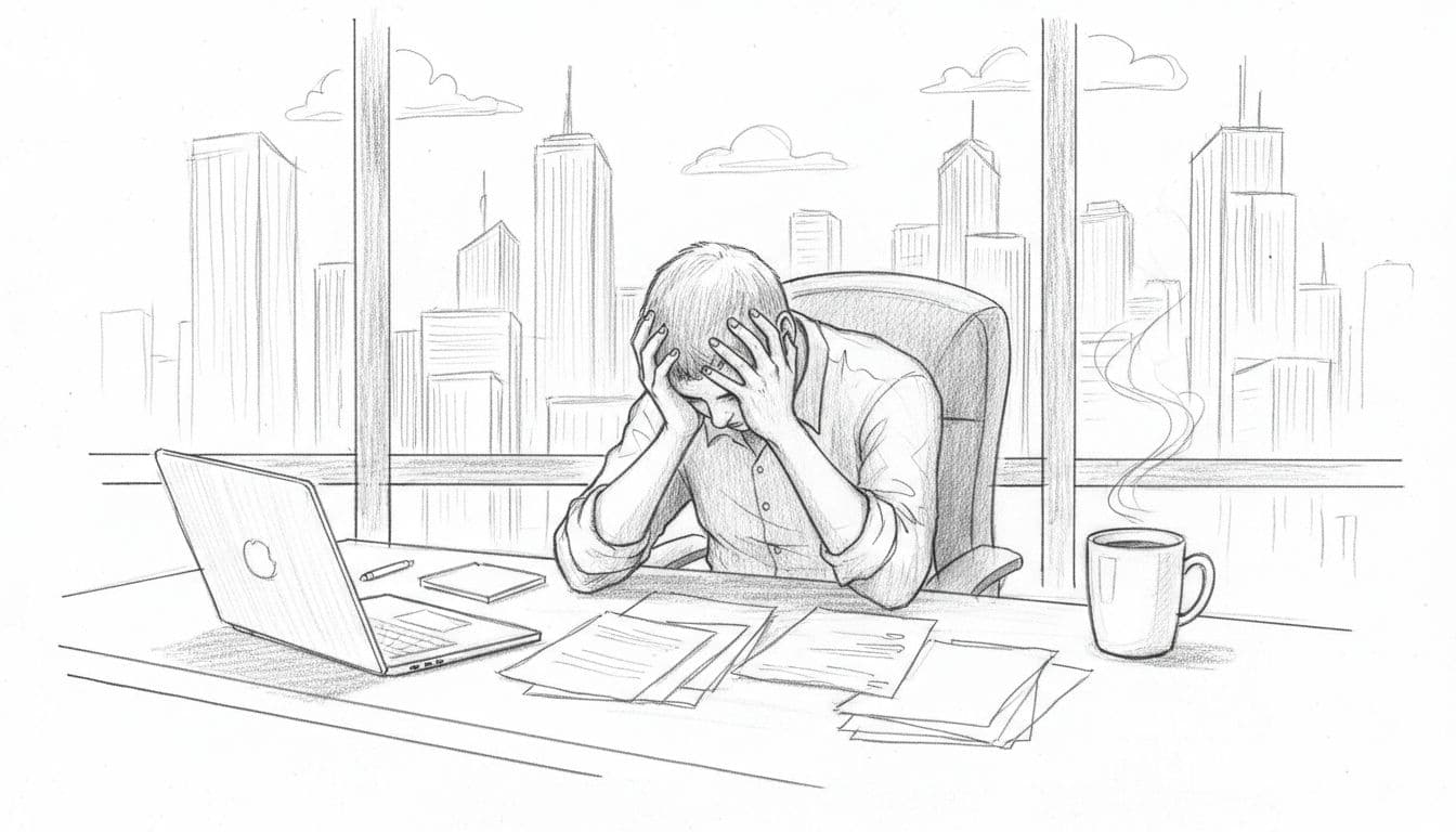 Hand-drawn sketch of a young professional slumped at a desk with head in hands from exhaustion and burnout, coffee mug nearby, urban skyline through window, graphite linework on white background.