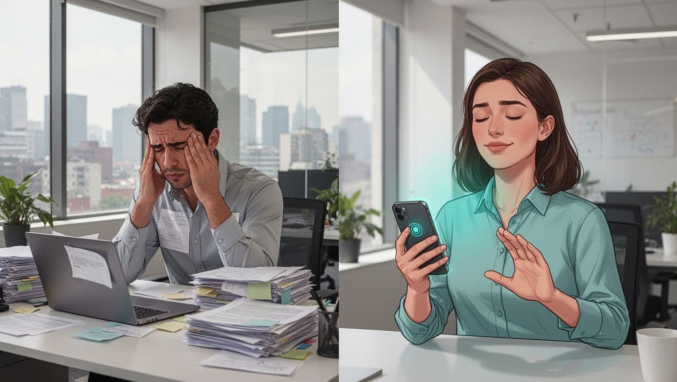 Ilustración de una persona sola en oficina de Ciudad de México, lado izquierdo estresada por burnout con laptop, lado derecho relajada practicando respiración con app de teléfono, transformación split horizontal en estilo moderno limpio.