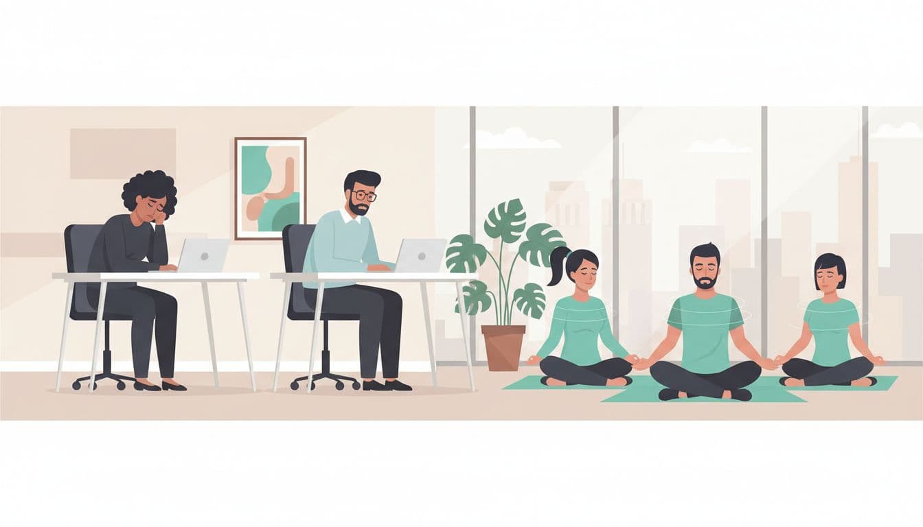 Modern illustration of a diverse team of five in a Mexico City corporate office, contrasting two stressed workers at desks with laptops and three relaxed in a guided breathing circle, using clean shapes, soft lighting, and teal accents.