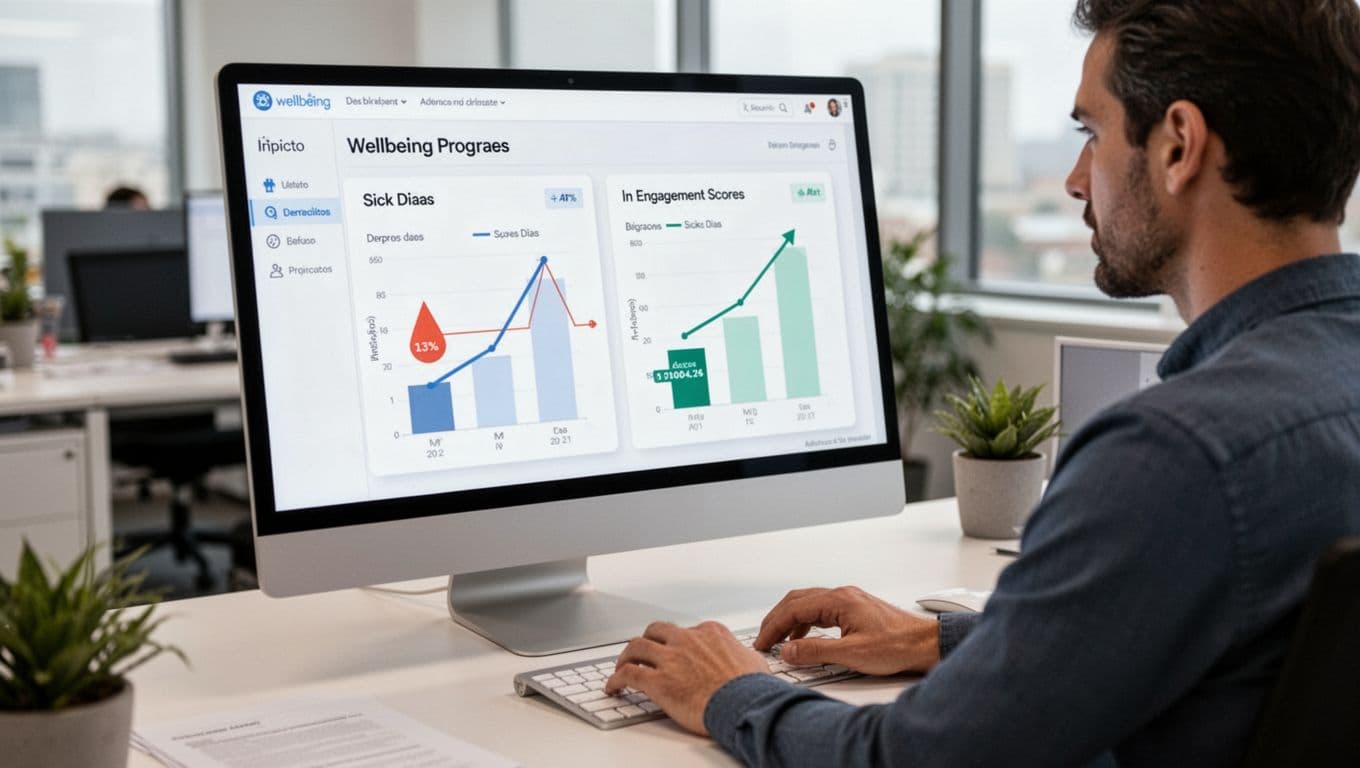 Simple office dashboard on computer screen displaying charts of dropping sick days and rising engagement scores before and after wellbeing program, viewed by one focused manager at desk.