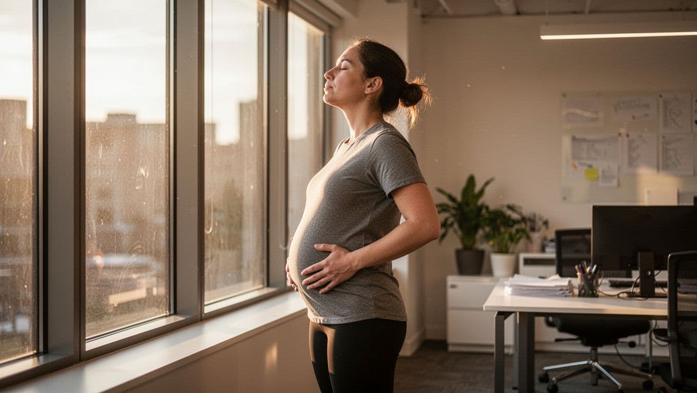 A person stands relaxed by a sunlit window in a modern office, hands on belly breathing deeply, full body side profile in warm natural light. Visualizes a mental reset break for stress relief using box breathing technique.