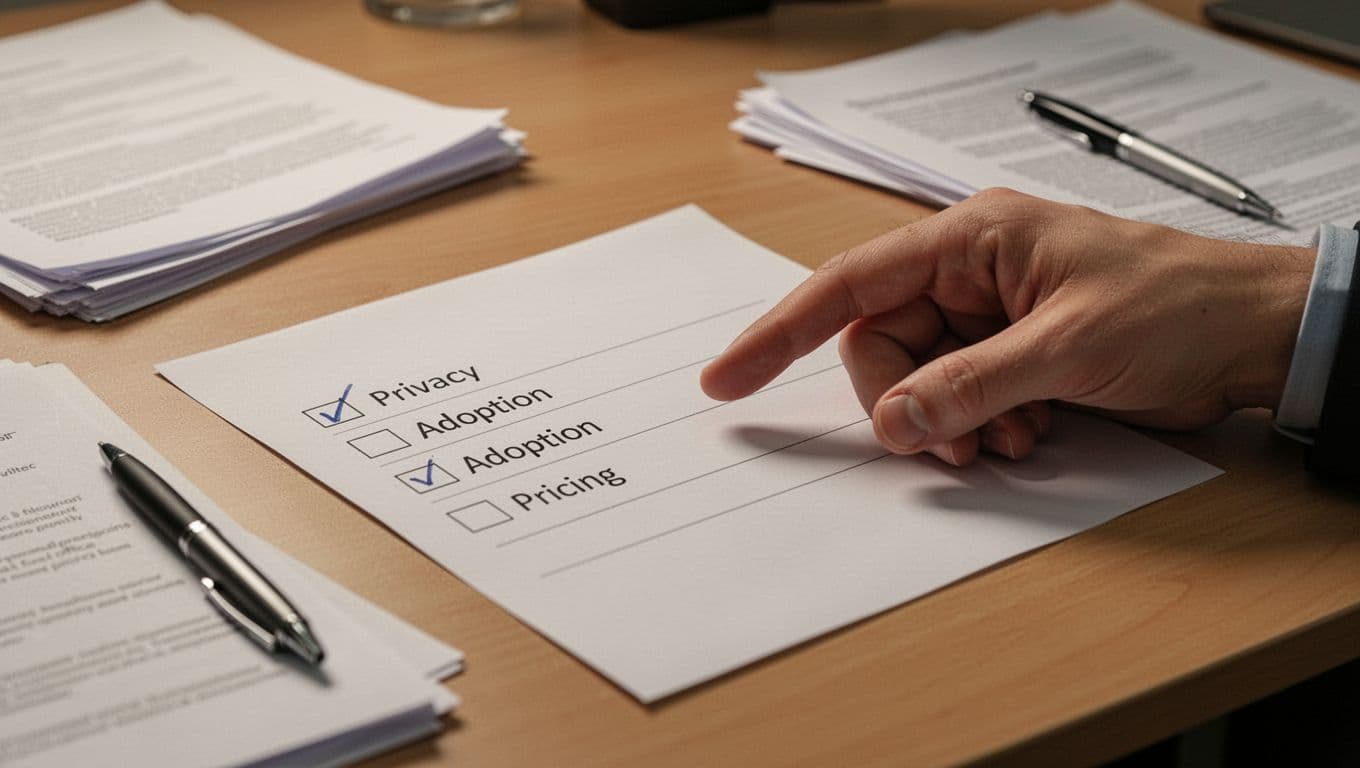 Close-up of a simple scorecard on a desk with checkboxes for privacy, adoption, and pricing in a professional office setting. A single relaxed hand points at the paper, with nearby papers and pen, captured in realistic photo style with warm lighting.