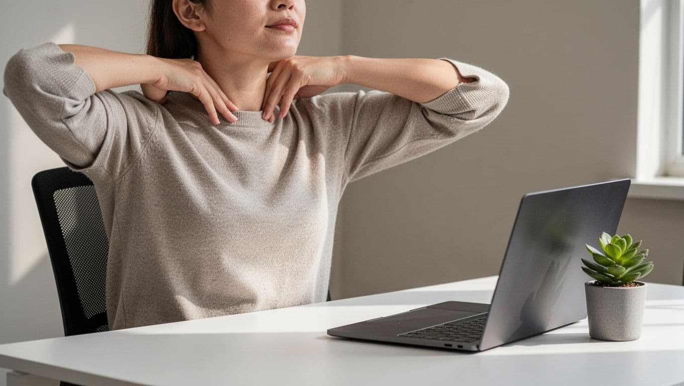 Una persona en un escritorio de oficina realiza micro-movimientos como rodadas de hombros y estiramientos de cuello, con laptop cerrada cerca y planta cercana. Enfoque cercano en torso superior, estilo fotorealista con luz suave de oficina y tonos neutros.