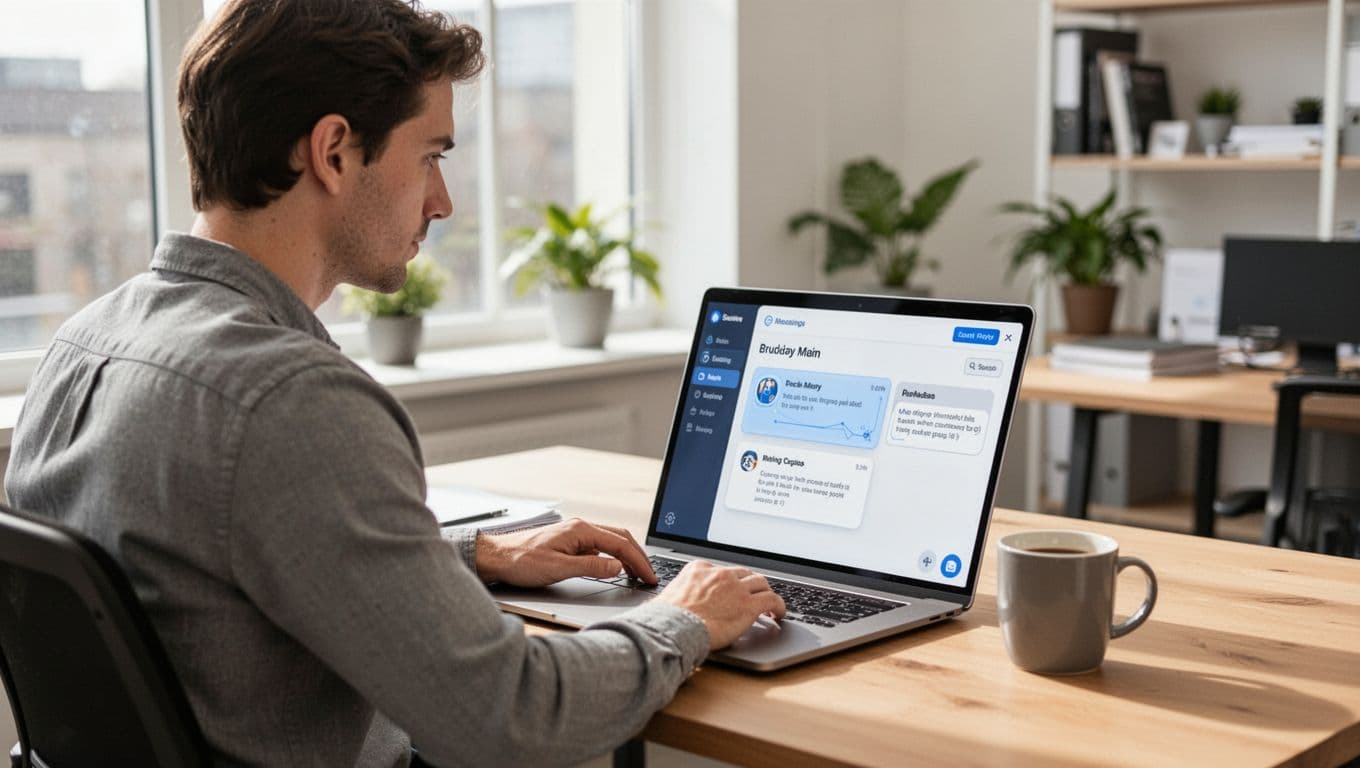 A focused employee sits at a desk in a bright office, working on a laptop with a subtle AI assistant interface summarizing a meeting, coffee mug nearby, captured in realistic photo style with natural daylight lighting.