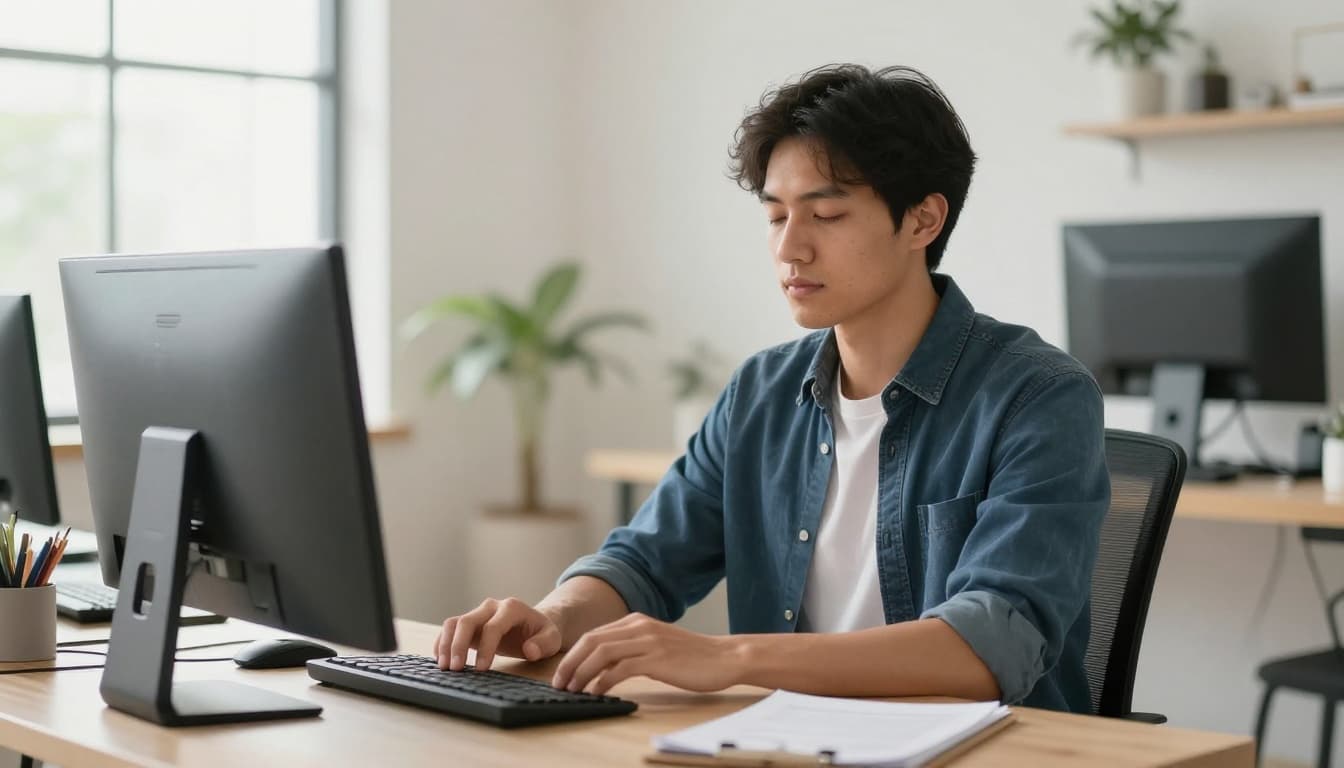 An office employee sits at a modern desk in a sunny hybrid home office, pausing for a deep breath with eyes closed and hands relaxed on the lap. The realistic image uses natural soft lighting, centered on the single person with no text or logos.