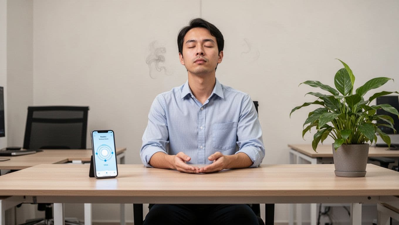 An office worker at their desk performs guided breathing with eyes closed and relaxed hands, using a simple breathing app on a smartphone nearby in a calm environment with a plant, showing facial relief in soft realistic photography.