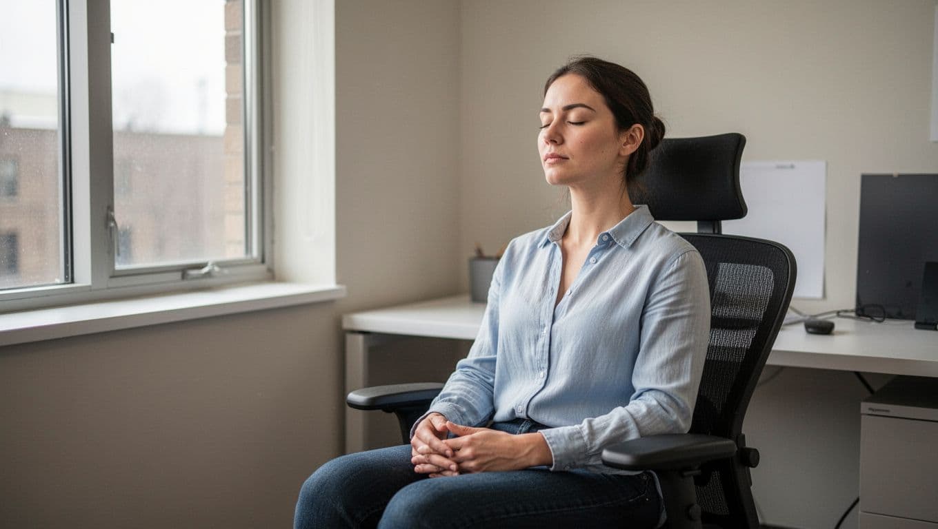 A solo employee in a quiet office corner practices guided breathing for stress relief, seated in an ergonomic chair with eyes closed and a calm expression, hands resting naturally on lap, lit by soft window daylight in realistic photography.