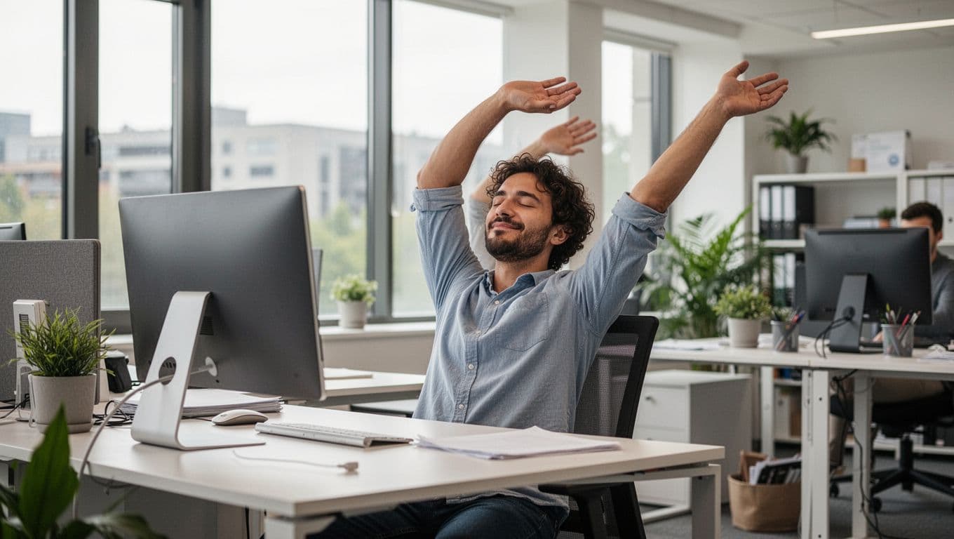 A single employee in a modern office sits at a desk with a computer, stretching arms in a relaxed posture during a break, under natural daylight, promoting healthy tech habits.