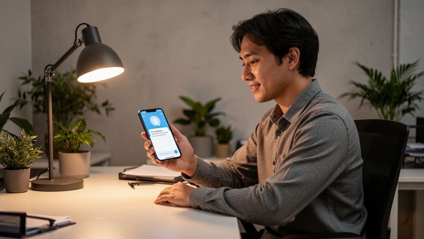 Single office employee at a modern desk views a wellbeing notification on a smartphone held naturally, with a relaxed focused expression under warm desk lamp lighting and simple plant background.