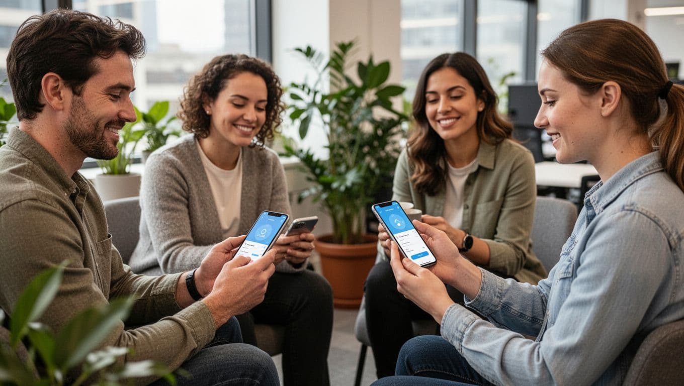 A small group of four employees in a relaxed workplace setting with plants and natural light, checking a wellbeing app on mobile phones during a break. Relaxed poses with phones held at angles, no screen details or text visible.
