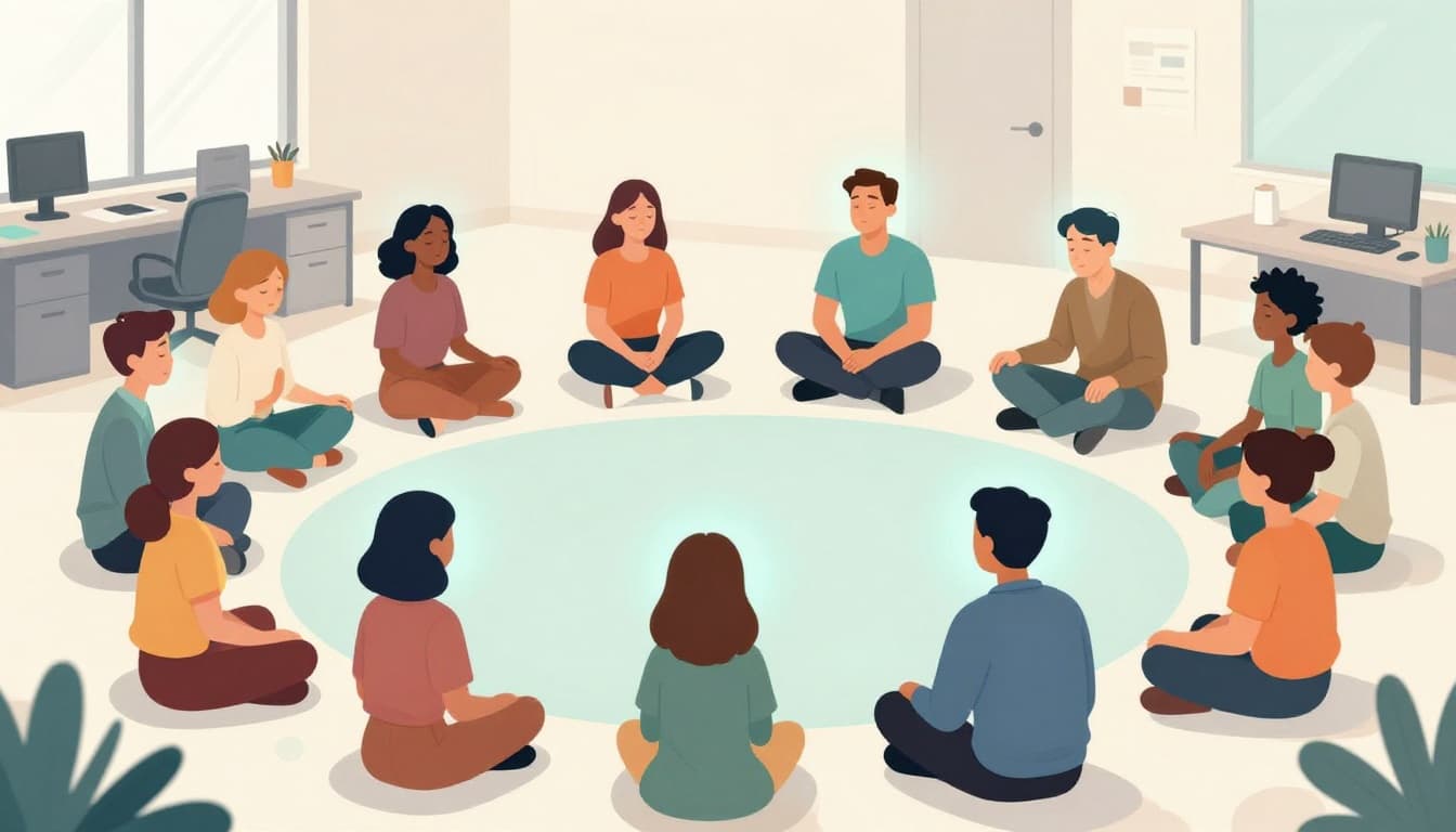 Modern illustration of diverse parents and children sitting in a circle on the office floor during an event, eyes closed in calm breathing with a subtle teal glow around figures.