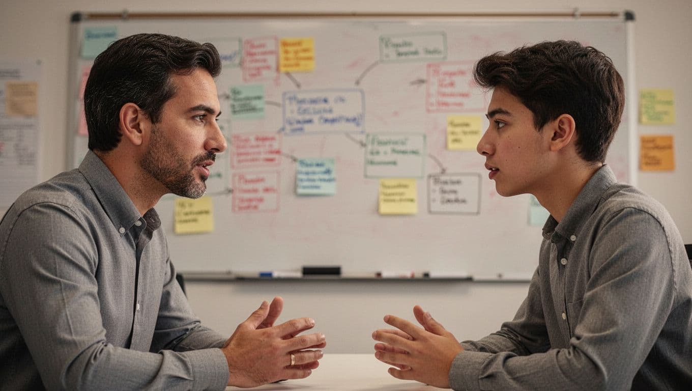 Photorealistic close-up of a manager in an office demonstrating active listening with eye contact to a young employee during a one-on-one dialogue, simple whiteboard background with notes, warm professional lighting, exactly two people with relaxed hands.