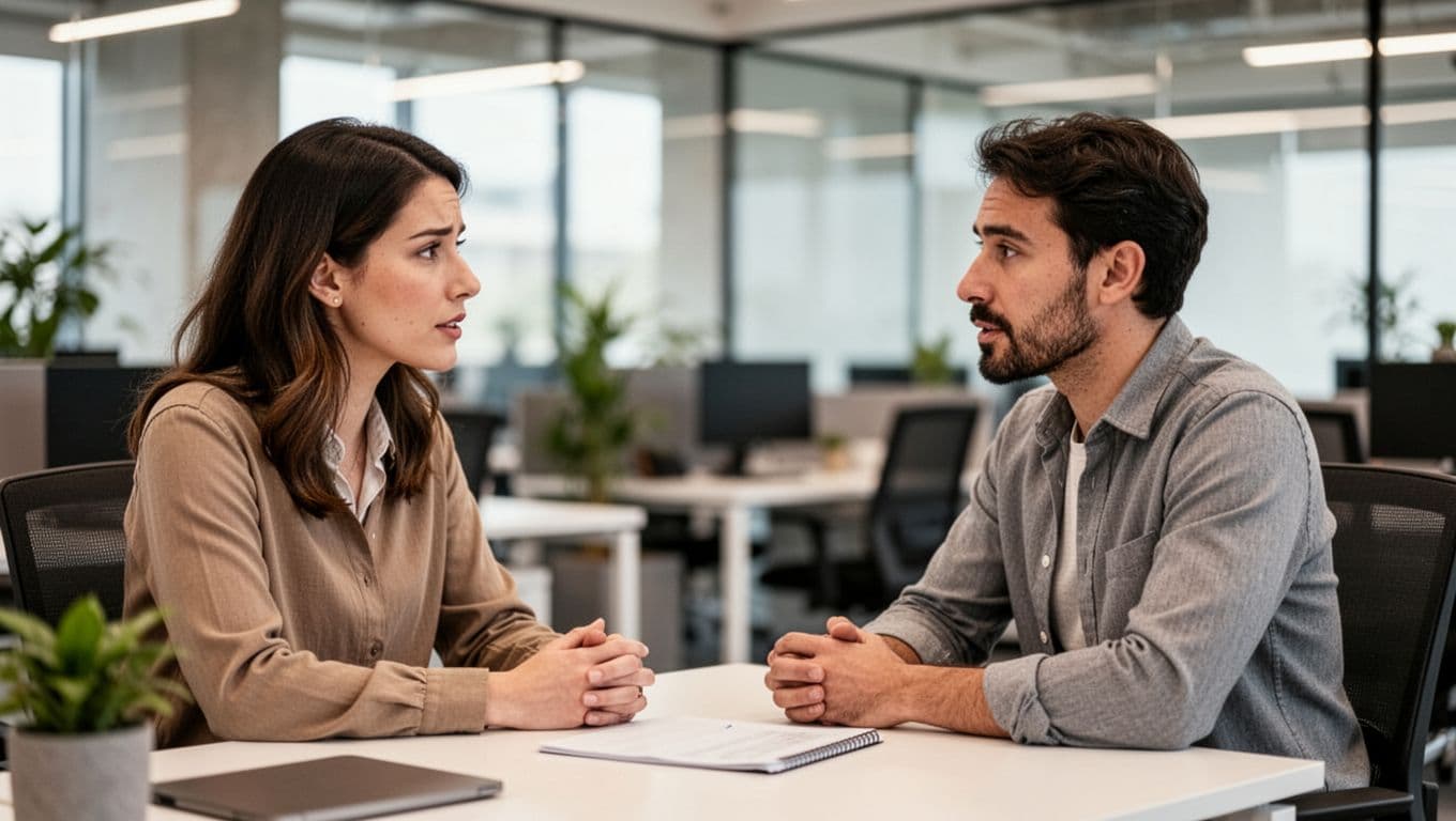 Office manager in business casual having a supportive one-on-one talk with employee at desk, relaxed postures and attentive listening in modern open office with blurred background and soft natural light.