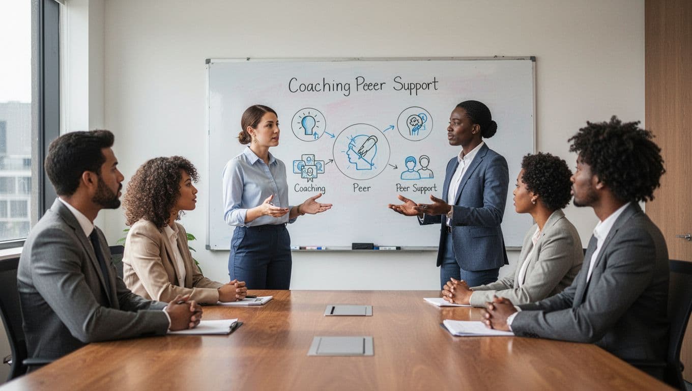 Office manager in conference room trains diverse team of four on mental health support, whiteboard with coaching and peer support icons, realistic style with natural lighting.