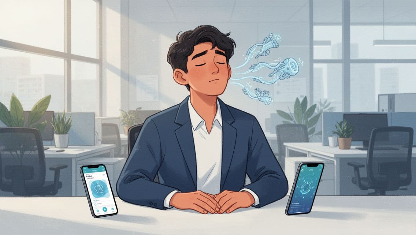 Modern illustration of exactly one young professional in an office pausing to breathe deeply with a phone app open nearby, relaxed hands on desk, in warm blue and green tones.