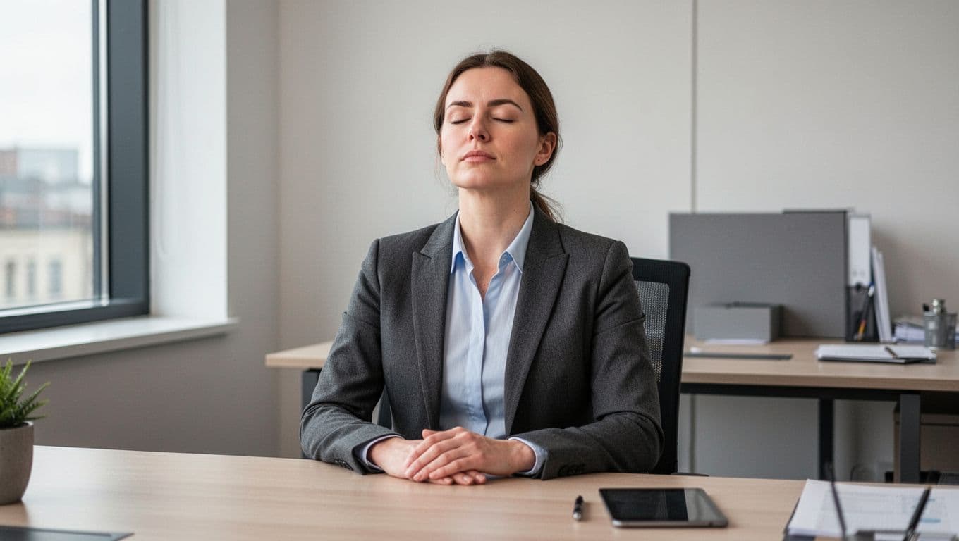 A professional in a modern office at a desk, eyes closed, hands relaxed on lap, practicing discreet breathing exercise with calm expression, soft natural light from window, focus on upper body in realistic style.