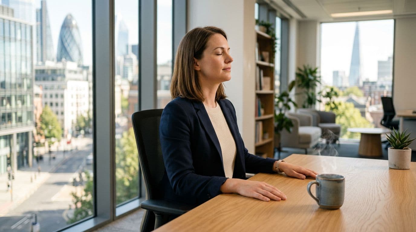 A mid-30s office professional at a clean desk in a bright modern office, eyes closed practicing deep breathing with hands relaxed on the desk, subtle steam from a nearby coffee mug, and a city view window in the background.