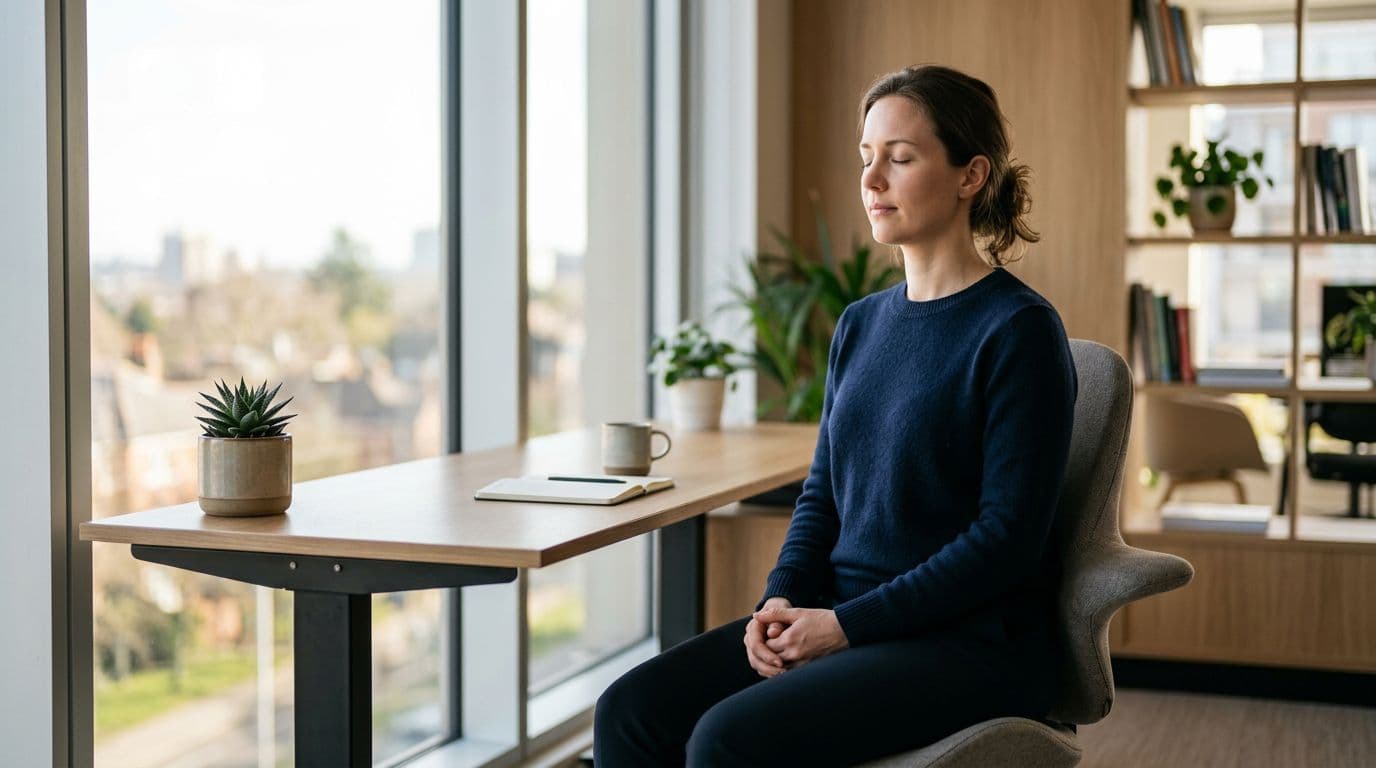 Office professional in modern workspace practicing deep breathing, seated with eyes closed, relaxed face, hands on lap, soft natural light from window, realistic photo, one person only.