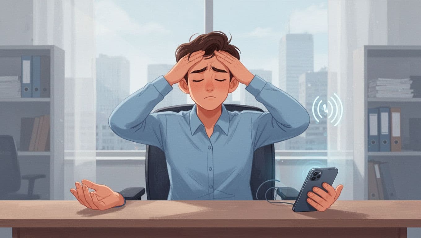 A young professional at a desk transitions from a tense, stressed posture with hand on forehead to a relaxed breathing pose with closed eyes and lowered shoulders, guided by phone audio. Modern illustration in soft blues and warm neutrals.