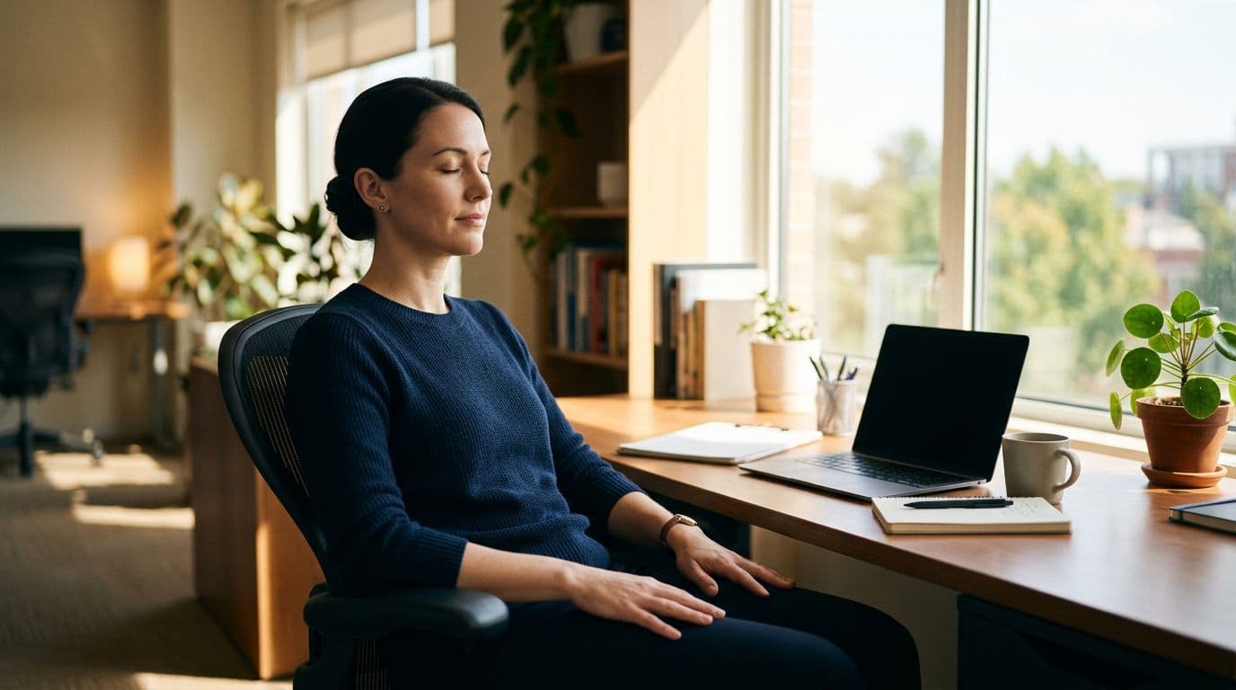 A professional sits calmly at an office desk during a breathing break, eyes closed, hands on lap, in a relaxed posture with natural window light and warm tones in realistic style.