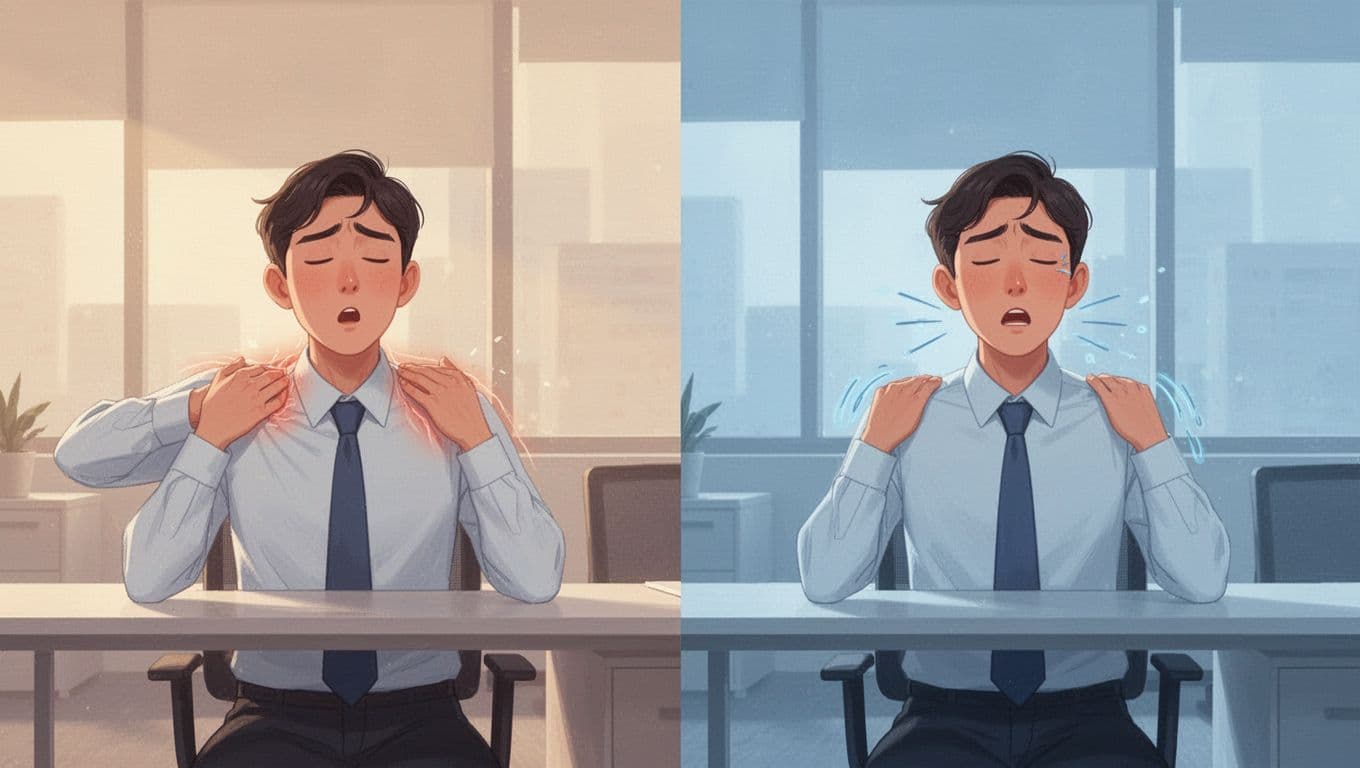 Split-scene illustration of a person in an office noticing shoulder tension before a long exhale, transitioning to relaxed shoulders after, with modern shapes and calming tones.