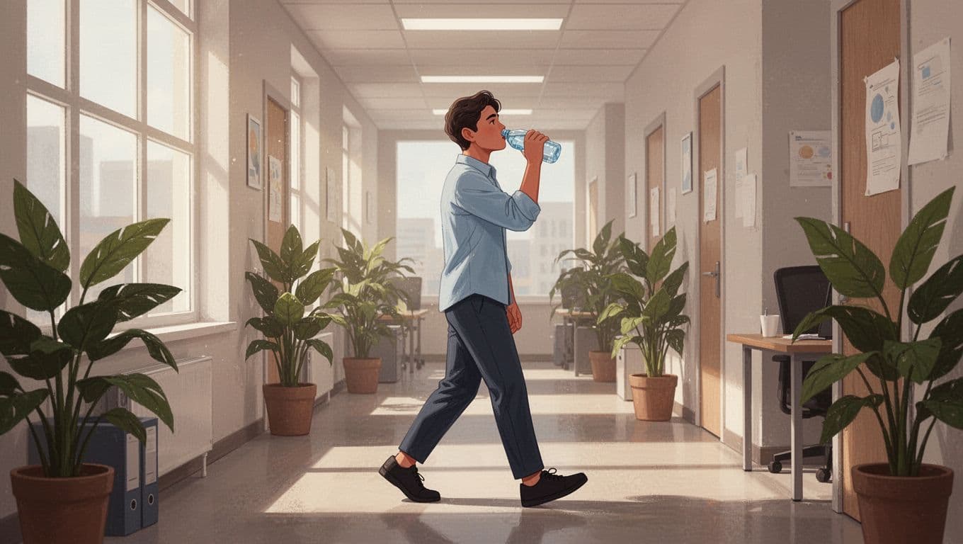 Modern illustration of a person drinking water while walking slowly in a calm office corridor after stress, featuring natural light, plants, side full-body view with clean shapes and warm tones.