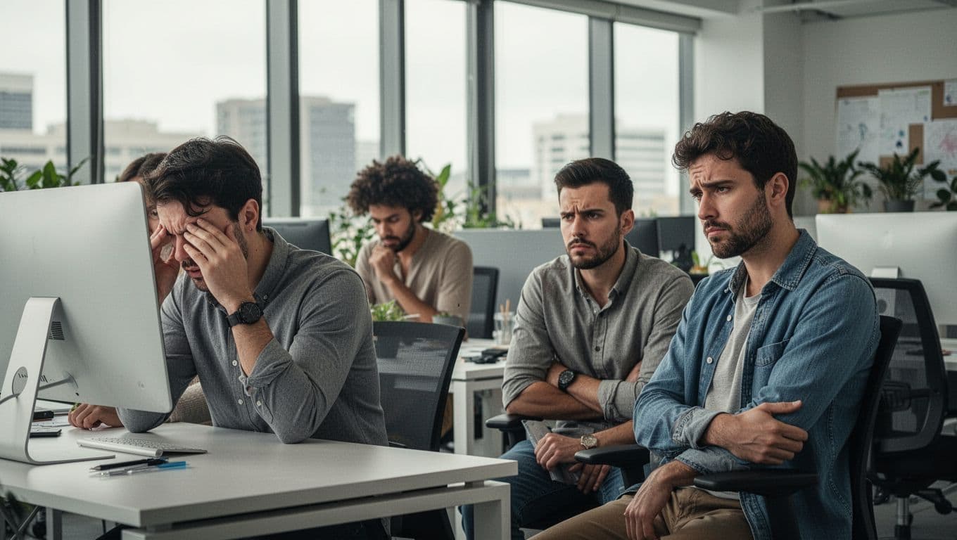 Office team of exactly four people in a modern workspace showing subtle early fatigue: one rubbing eyes at computer, another staring blankly at screen, natural daylight, realistic style, soft lighting, no text or logos.