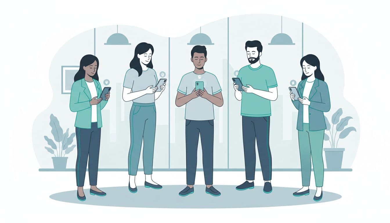 Five diverse professionals stand in a circle in a corporate office, holding phones with calm expressions and relaxed hands.