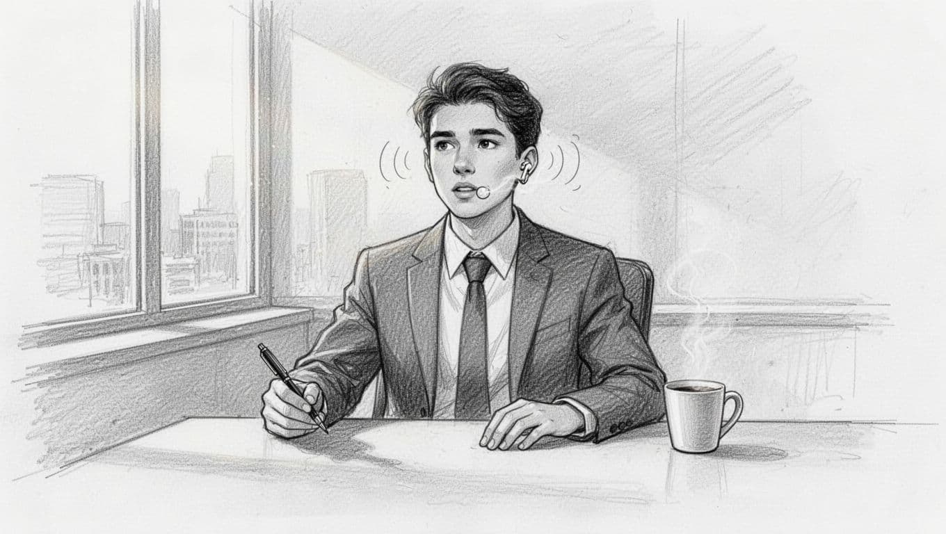 Hand-drawn graphite sketch of a young professional seated at a desk in a modern office, actively engaging the five senses with the 5-4-3-2-1 grounding technique: eyes scanning the room, hand touching the desk, ear tilted to sounds, nose sniffing coffee, and mouth tasting gum.