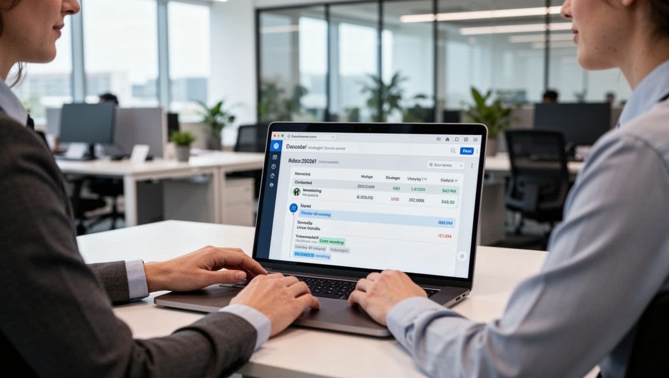 A relaxed office employee sits at a modern desk with an open laptop displaying an AI-generated meeting summary in a bright office. Photorealistic composition centered on the person interacting naturally with soft natural lighting.