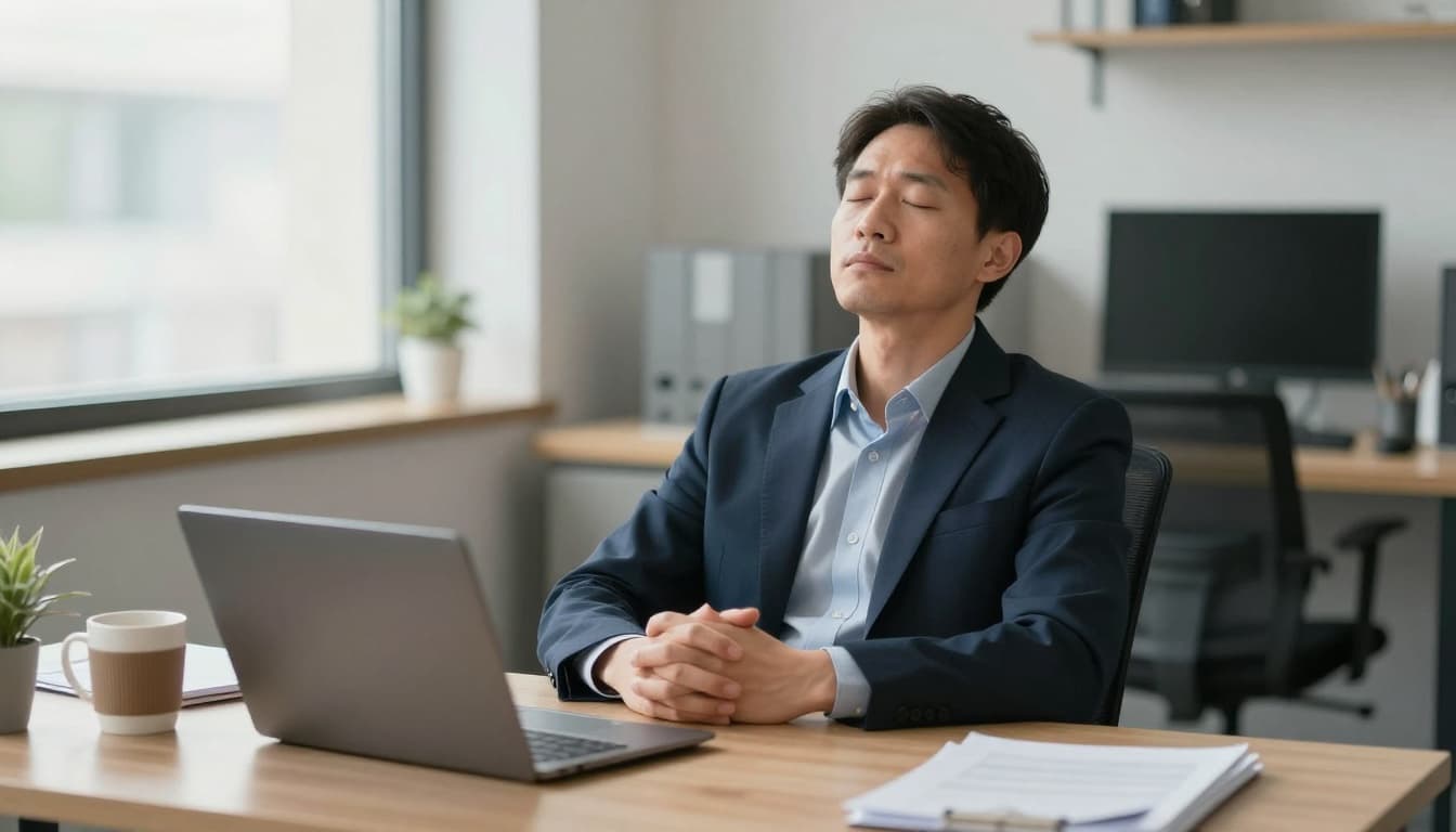 Mid-30s office worker in modern workspace practices box breathing with eyes closed, hands on thighs, feet flat, shoulders relaxed. Computer and coffee mug nearby under soft window daylight, realistic photo.