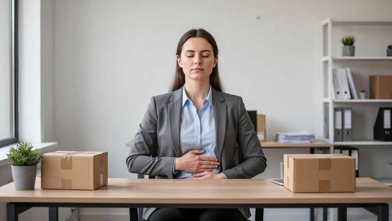 A photorealistic image of a single office worker seated tall at a modern desk, performing box breathing exercise with shoulders relaxed, one hand on belly, and a subtle calm face, in a simple workspace with soft daylight.