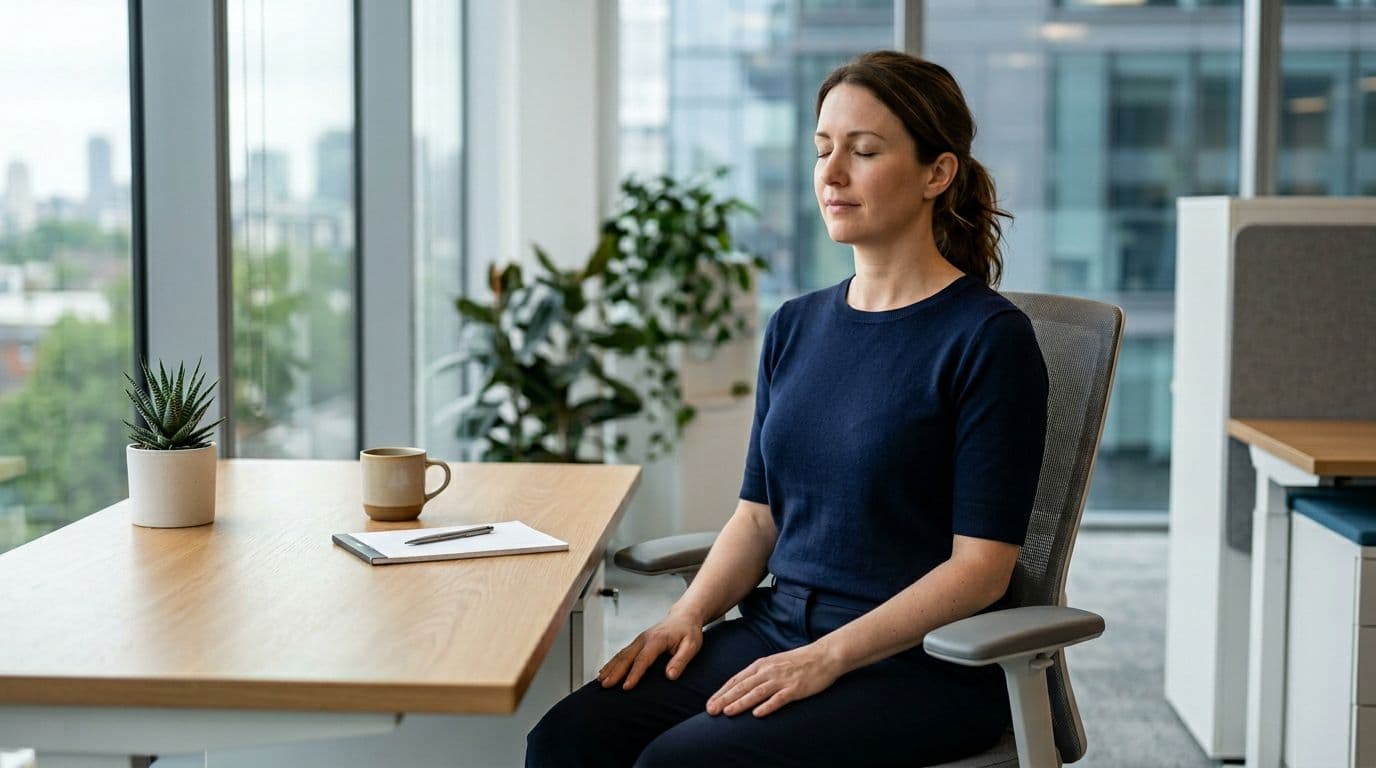 A single office worker at a modern desk in a professional office, sitting tall with eyes closed, hands relaxed on lap, performing box breathing exercise with subtle calm expression and natural daylight.