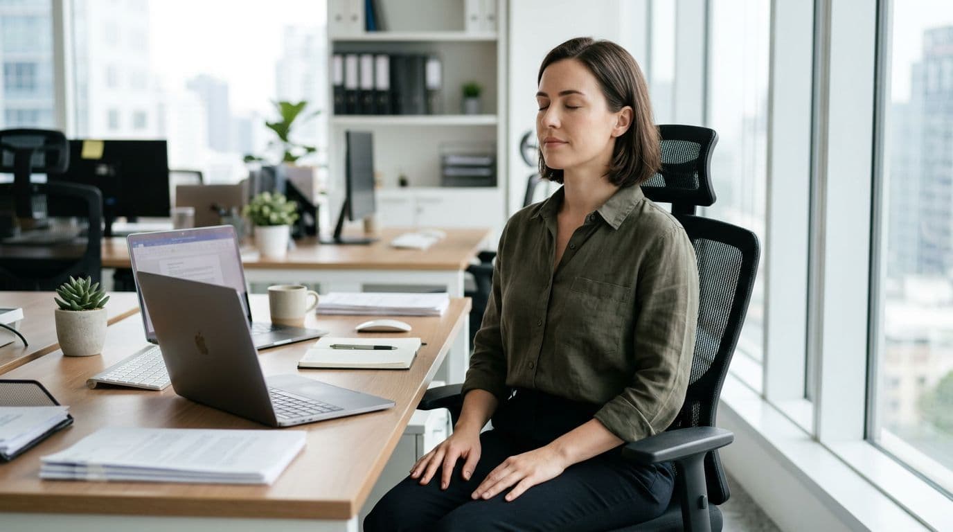 A person seated at a modern office desk performs box breathing with eyes closed, upright posture, hands in lap, and calm expression amid computer and papers. Realistic photographic style with soft natural lighting, focused centrally on the individual.