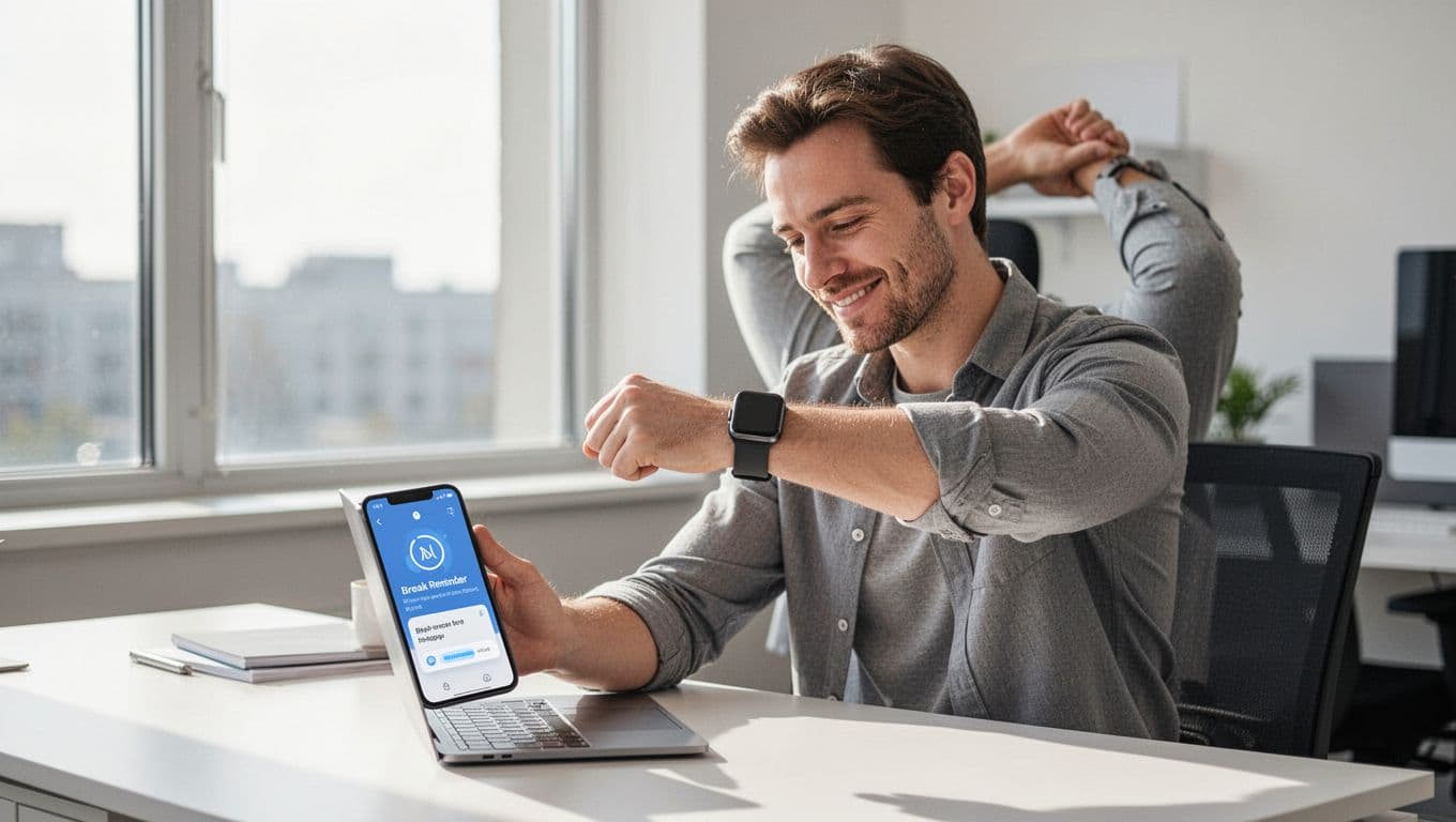 A modern office worker at a desk wears a smartwatch and glances at a break reminder notification on their phone, with a relaxed expression while taking a stretch break in bright natural light through a window.