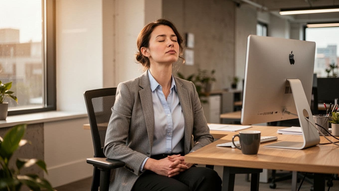 Office worker at desk in contemporary workspace taking a short breathing break, hands relaxed on lap, eyes closed with subtle calm expression, computer and coffee mug nearby, warm natural light from window.
