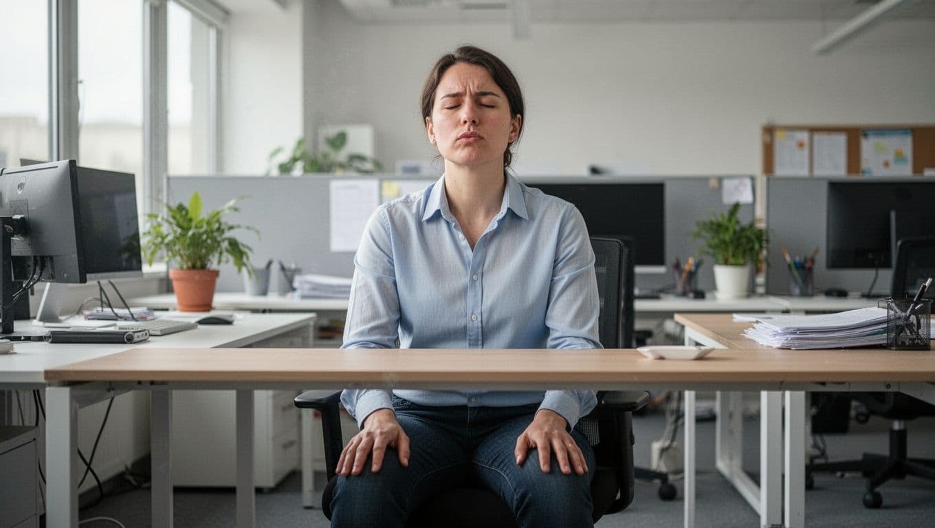 A person at a modern desk takes a short breathing pause with a calm expression and relaxed hands on knees, illuminated by soft natural light in a realistic style.