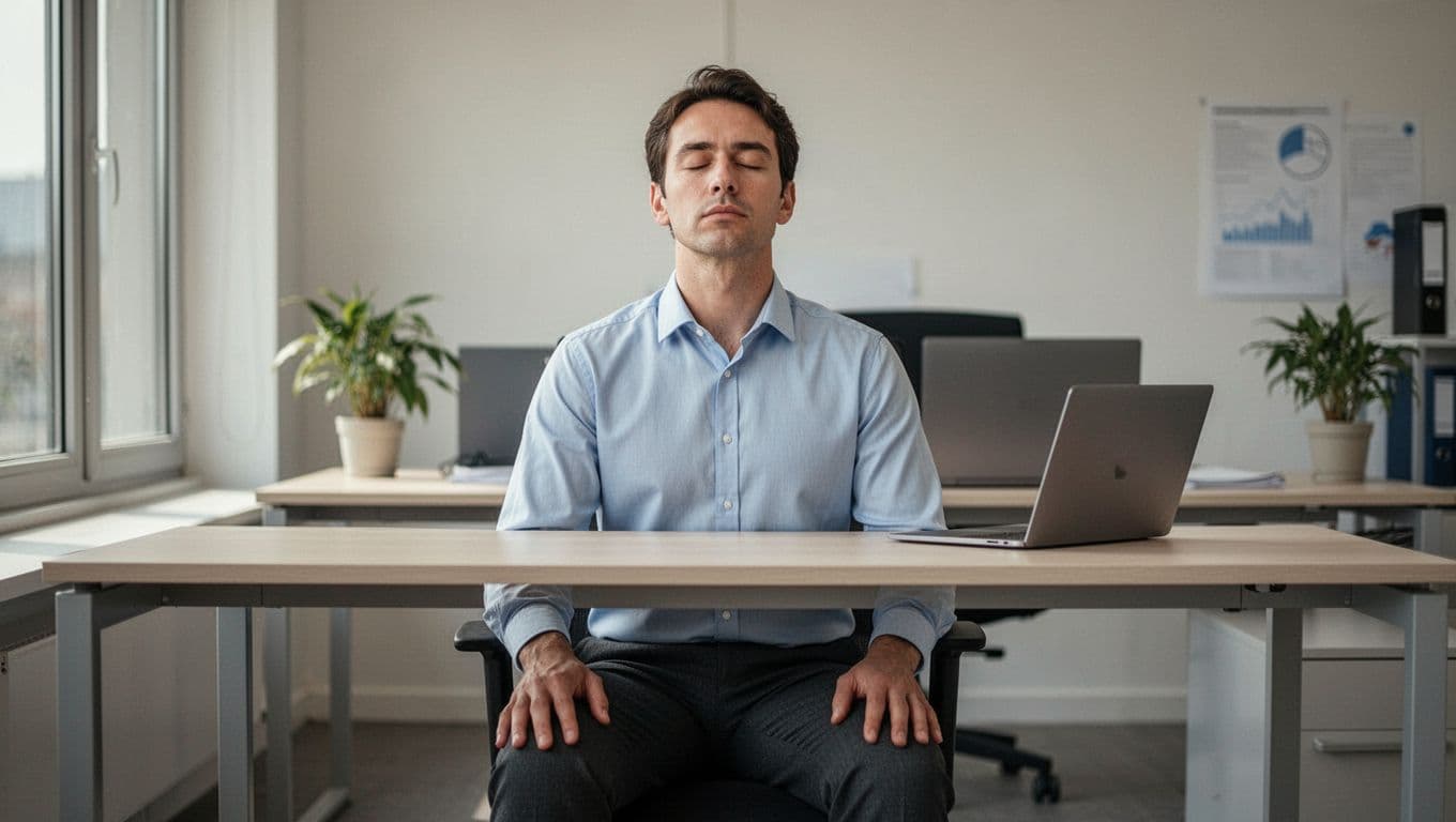 An office employee sits upright at their desk with eyes closed and hands relaxed on knees, practicing calm breathing in a serene workspace with a closed laptop in the background.