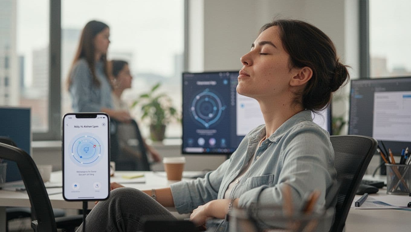 A person pauses at an office desk, breathing calmly with eyes closed and relaxed posture, while a phone shows a blurred simple breathing app in the bright daytime background.