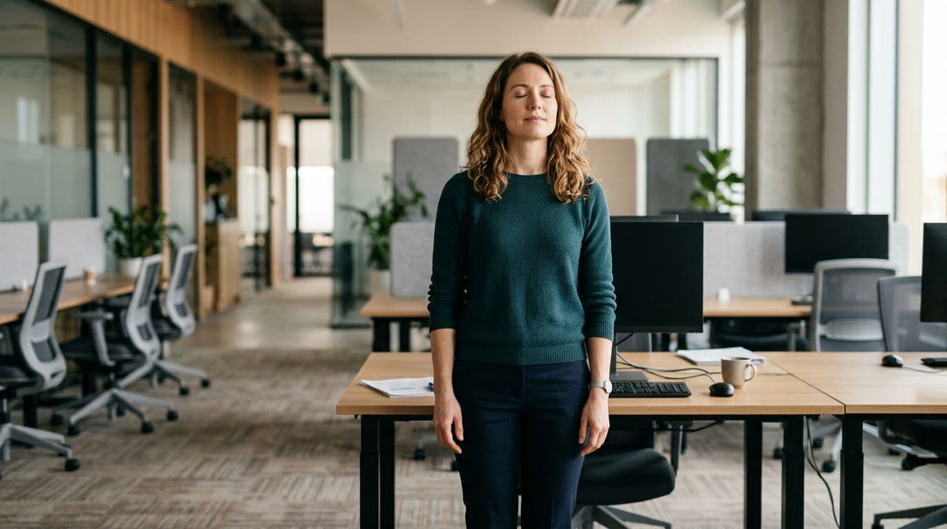 A single office employee stands up from their desk between meetings, shoulders relaxed, hands loose at sides, eyes closed in a deep breath, against a blurred modern open office background with natural daylight.